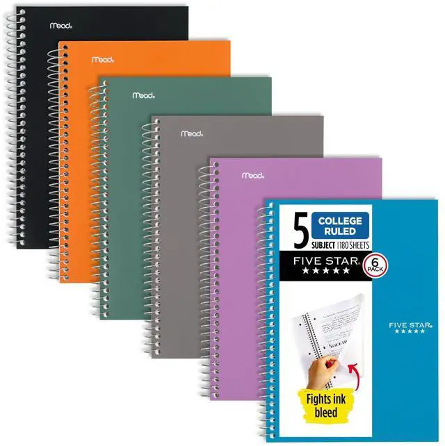 Main image of Small Spiral Notebooks, 6 Pack, 5 Subject, College Ruled Paper, 180 Sheets, Small, 9-1/2" x 6", Amethyst Purple, Sedona Orange, Seaglass Green, Tidewater Blue, Gray, Black (73527)