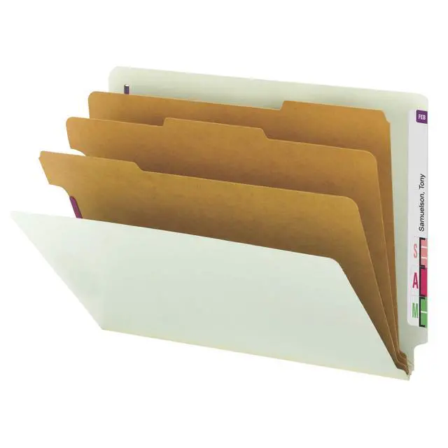 Main image of 100% Recycled End Tab Pressboard Classification File Folder with SafeSHIELD Fasteners, 3 Dividers, 3" Expansion, Letter Size, Gray/Green, 10 per Box (26820)
