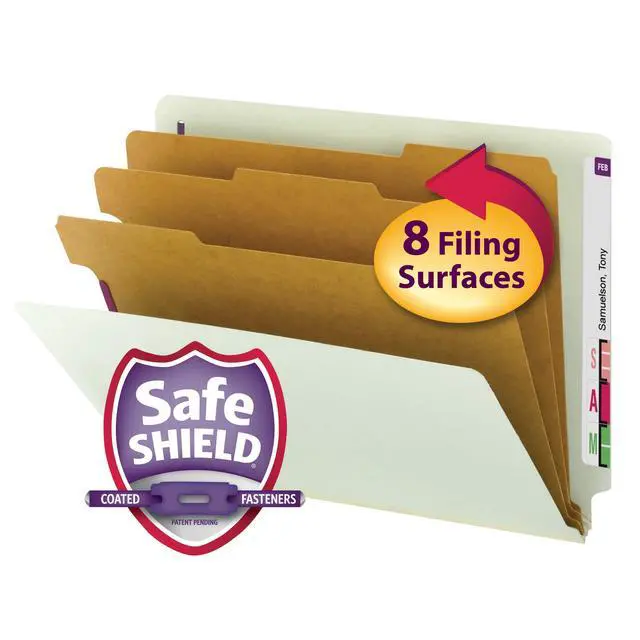 Alt view image 2 of 6 - 100% Recycled End Tab Pressboard Classification File Folder with SafeSHIELD Fasteners, 3 Dividers, 3" Expansion, Letter Size, Gray/Green, 10 per Box (26820)