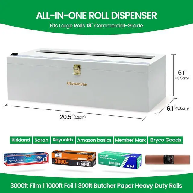 Alt view image 2 of 6 - White 18 Inch Commercial Plastic Wrap Dispenser with Cutter | Paper roll cutter for 3000ft food service film, 1000ft foil and compatible butcher, freezer or kraft paper; low-noise roller