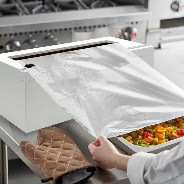 Alt view image 3 of 6 - White 18 Inch Commercial Plastic Wrap Dispenser with Cutter | Paper roll cutter for 3000ft food service film, 1000ft foil and compatible butcher, freezer or kraft paper; low-noise roller