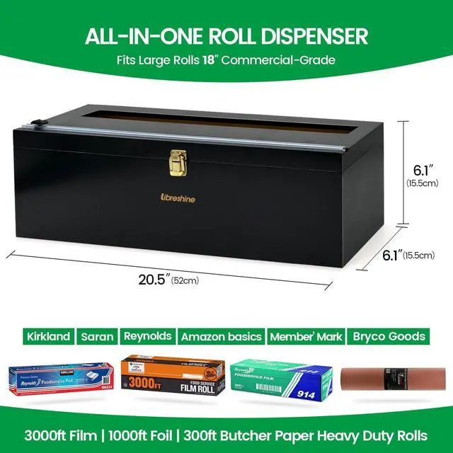 Alt view image 2 of 6 - Black 18 Inch Commercial Plastic Wrap Dispenser with Cutter | Paper roll cutter for 3000ft food service film, 1000ft foil and compatible butcher, freezer or kraft paper; low-noise roller