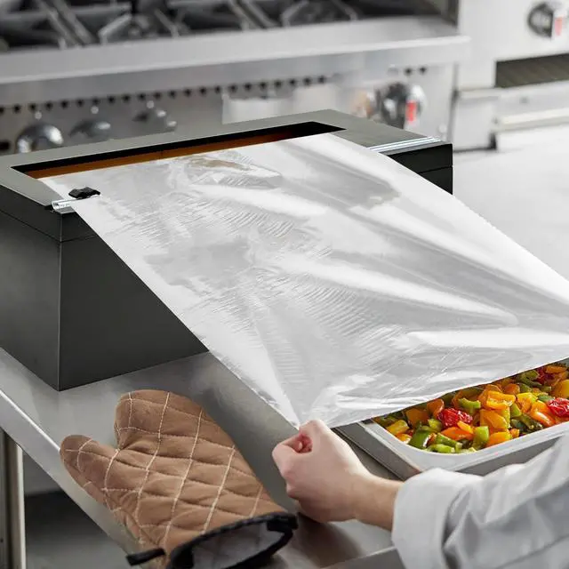 Alt view image 3 of 6 - Black 18 Inch Commercial Plastic Wrap Dispenser with Cutter | Paper roll cutter for 3000ft food service film, 1000ft foil and compatible butcher, freezer or kraft paper; low-noise roller