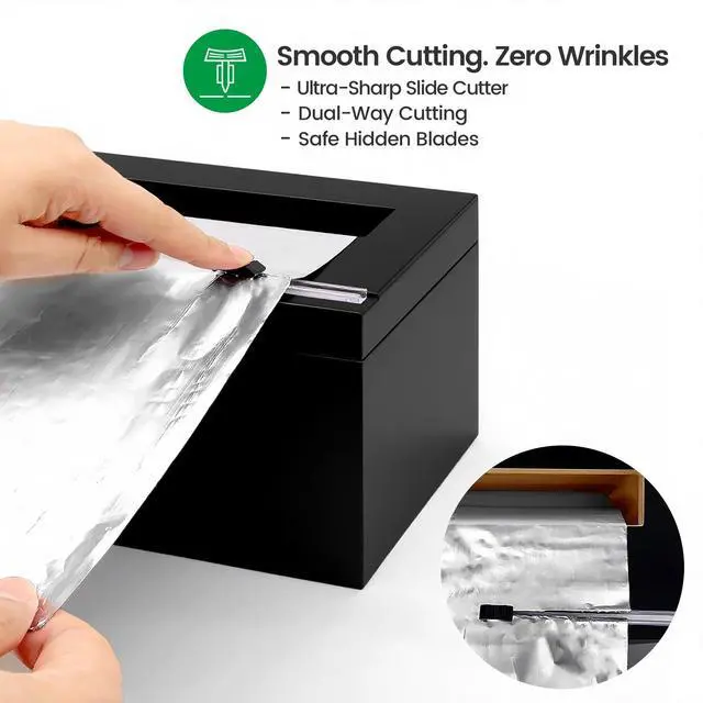 Alt view image 4 of 6 - Black 18 Inch Commercial Plastic Wrap Dispenser with Cutter | Paper roll cutter for 3000ft food service film, 1000ft foil and compatible butcher, freezer or kraft paper; low-noise roller