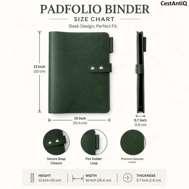 Alt view image 5 of 6 - Premium Leather 3-Ring Binder Portfolio, 8.5x11 Inch Letter Size Organizer Folder, Refillable 3-Hole Paper BusinessBinder, Resume Folio for Men and Women (Green)