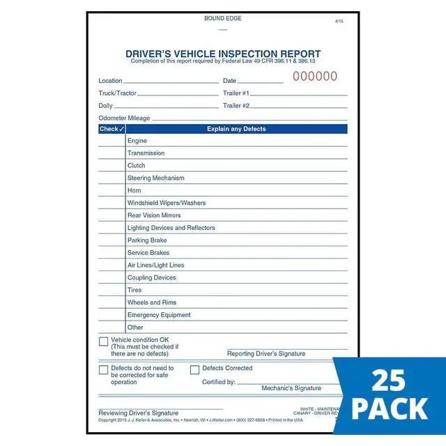 Alt view image 2 of 6 - J. J. Keller Simplified Driver's Vehicle Inspection Report 25-pk. - Book Format with 31 Sets, 2-Ply Carbonless, 5.5" x 8.125", Meet FMCSR Requirements