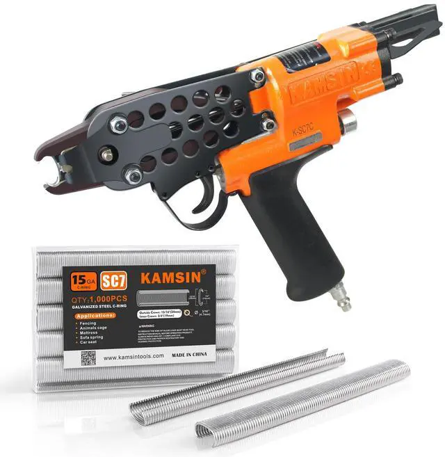 Main image of K-SC7C 15 Gauge Pneumatic Hog Ring Gun with 1000PCS C Ring Staples | 3/4-Inch Crown Hog Ring Pliers, 4.8-5.2mm Closure Diameter, Air Powered C Ring Gun for Wire Cages, Fencing, Animal Traps