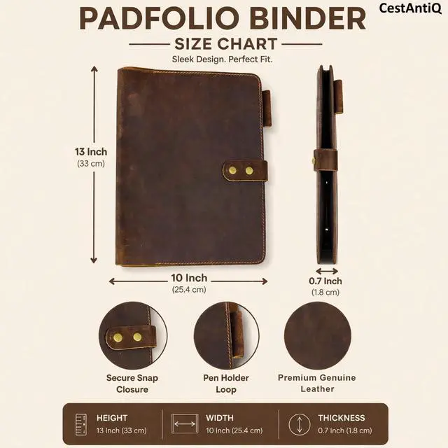 Alt view image 2 of 6 - Premium Leather 3-Ring Binder Portfolio, 8.5x11 Inch Letter Size Organizer Folder, Refillable 3-Hole Paper BusinessBinder, Resume Folio for Men and Women (Brown)