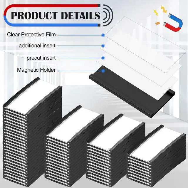 Main image of 200 Pcs Magnetic Label Holders Bulk 4" x 2" C Channel Label Holder Magnetic Data Card Holders with 200 Pcs Clear Plastic Protectors 400 Pcs Paper Inserts for Name Tag File Cabinet Shelf