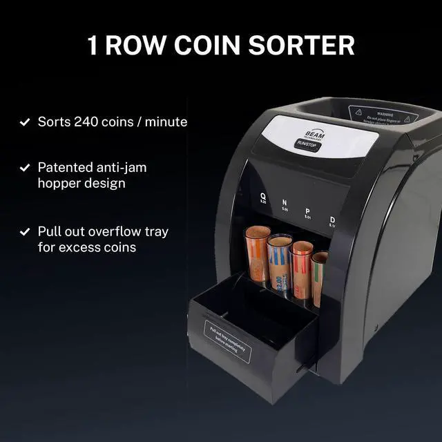 Alt view image 2 of 5 - Automatic Coin Sorter, 1 Row with Quick-Access Lid, Patented Anti-Jam Technology, and Coin Wrapper Starter Pack Included (CSD-1000)