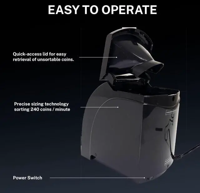 Alt view image 4 of 5 - Automatic Coin Sorter, 1 Row with Quick-Access Lid, Patented Anti-Jam Technology, and Coin Wrapper Starter Pack Included (CSD-1000)