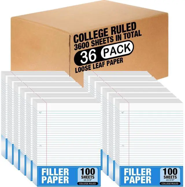 Main image of 36 Pcs 8" x 10-1/2" College Ruled Loose Leaf Paper 3 Hole Punched Notebook Paper 100 Sheets Per Pack, 56 Gsm, Filler Paper for Adults Students Binder College School