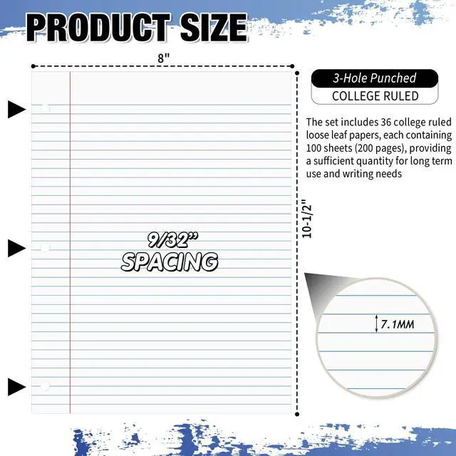 Alt view image 4 of 6 - 36 Pcs 8" x 10-1/2" College Ruled Loose Leaf Paper 3 Hole Punched Notebook Paper 100 Sheets Per Pack, 56 Gsm, Filler Paper for Adults Students Binder College School