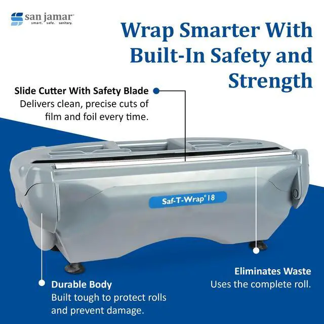 Alt view image 3 of 6 - San Jamar Saf-T-Wrap Aluminum SW18 Foil and Plastic Wrap Dispenser with Cutter Cling Wrap with Slide Cutter for Commercial Kitchens, Bakeries, and Restaurants, Plastic, 18 Inches, Gray