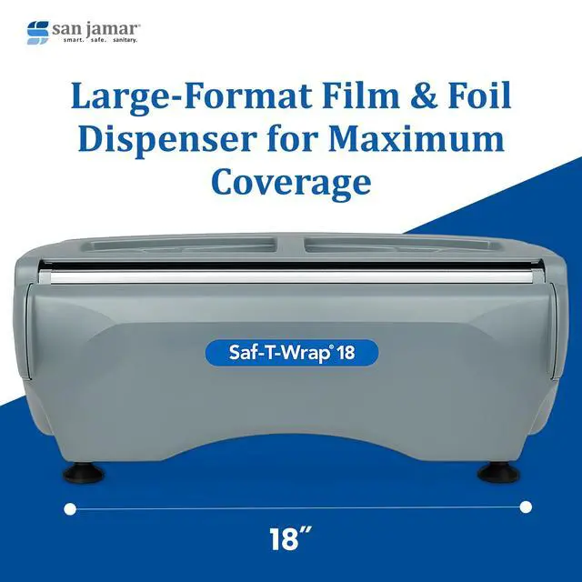 Alt view image 4 of 6 - San Jamar Saf-T-Wrap Aluminum SW18 Foil and Plastic Wrap Dispenser with Cutter Cling Wrap with Slide Cutter for Commercial Kitchens, Bakeries, and Restaurants, Plastic, 18 Inches, Gray