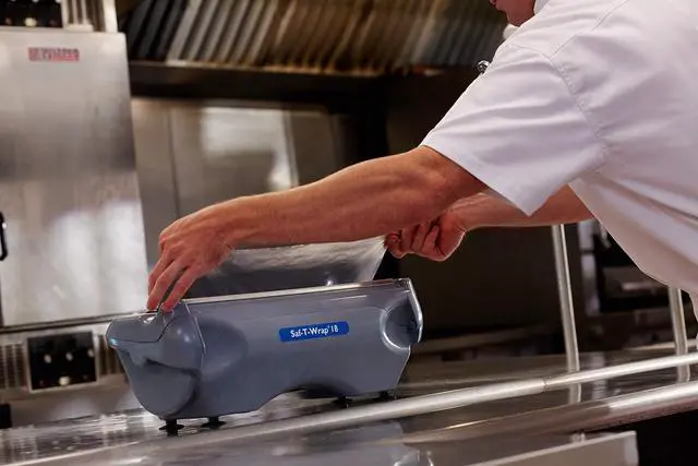 Alt view image 5 of 6 - San Jamar Saf-T-Wrap Aluminum SW18 Foil and Plastic Wrap Dispenser with Cutter Cling Wrap with Slide Cutter for Commercial Kitchens, Bakeries, and Restaurants, Plastic, 18 Inches, Gray