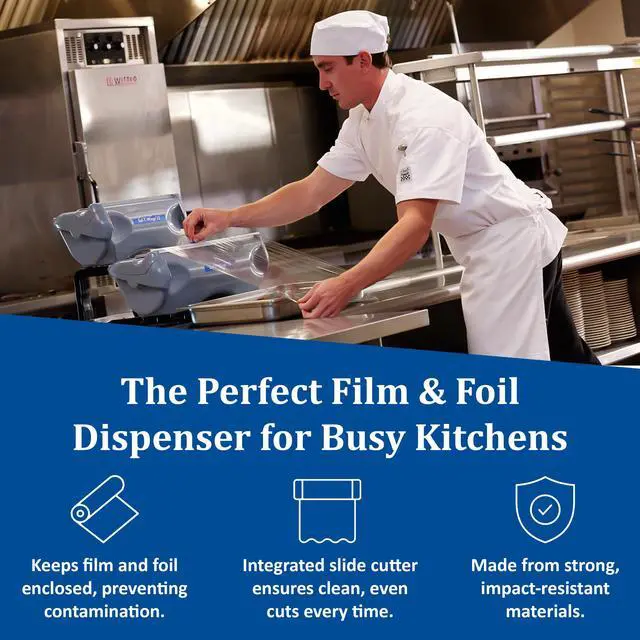 Alt view image 6 of 6 - San Jamar Saf-T-Wrap Aluminum SW18 Foil and Plastic Wrap Dispenser with Cutter Cling Wrap with Slide Cutter for Commercial Kitchens, Bakeries, and Restaurants, Plastic, 18 Inches, Gray