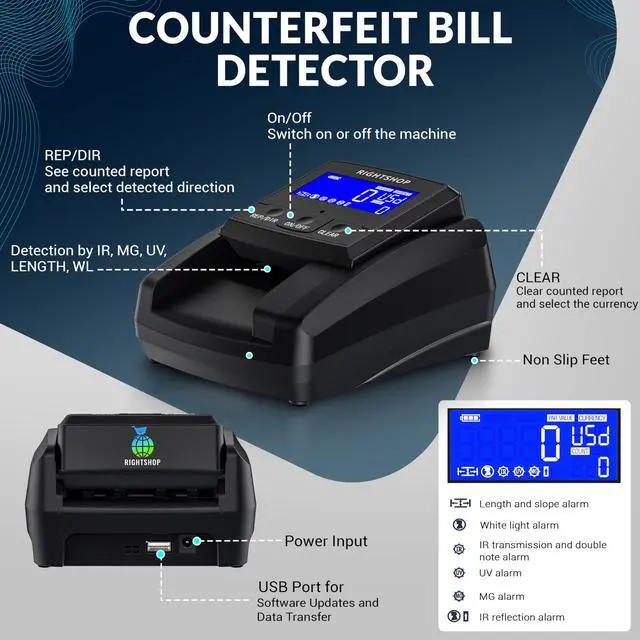 Alt view image 2 of 6 - Counterfeit Bill Detector Machine with UV Flashlight, IR MG UV Detection - Fake Bill Checker for USD, EUR & GBP, Cash Value Calculator with Automatic 4-Way Orientation