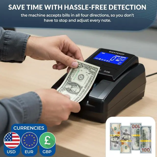 Alt view image 3 of 6 - Counterfeit Bill Detector Machine with UV Flashlight, IR MG UV Detection - Fake Bill Checker for USD, EUR & GBP, Cash Value Calculator with Automatic 4-Way Orientation