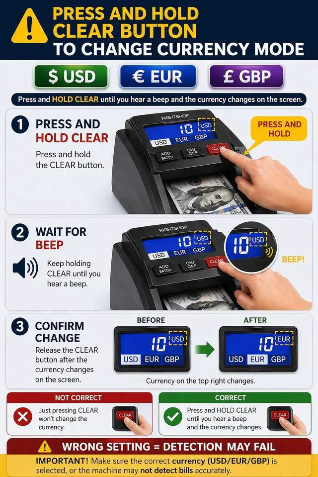 Alt view image 6 of 6 - Counterfeit Bill Detector Machine with UV Flashlight, IR MG UV Detection - Fake Bill Checker for USD, EUR & GBP, Cash Value Calculator with Automatic 4-Way Orientation