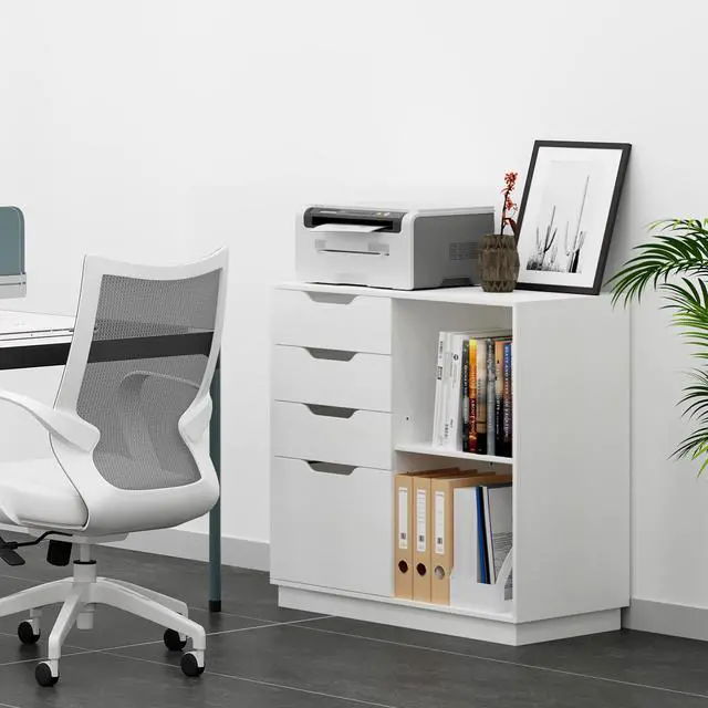Alt view image 2 of 6 - 4 Drawer Filing Cabinet Organizer with 2 Open Shelves, Heavy Duty for Storing Letter A4 Size and Printer, Wood Lateral File Cabinets for Home Office, Hanging Files, White, Easy Assembly