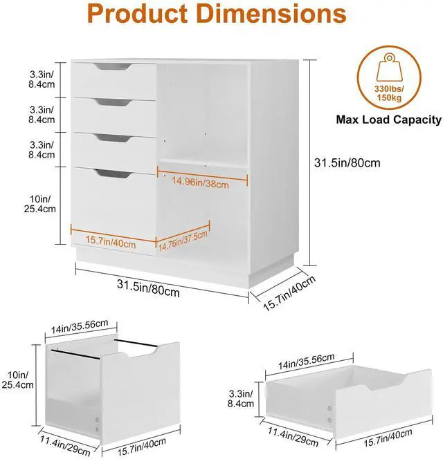 Alt view image 3 of 6 - 4 Drawer Filing Cabinet Organizer with 2 Open Shelves, Heavy Duty for Storing Letter A4 Size and Printer, Wood Lateral File Cabinets for Home Office, Hanging Files, White, Easy Assembly