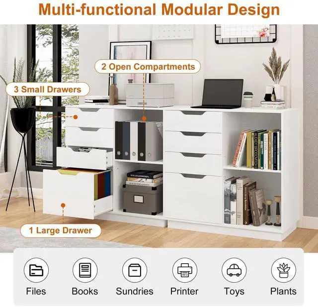 Alt view image 4 of 6 - 4 Drawer Filing Cabinet Organizer with 2 Open Shelves, Heavy Duty for Storing Letter A4 Size and Printer, Wood Lateral File Cabinets for Home Office, Hanging Files, White, Easy Assembly