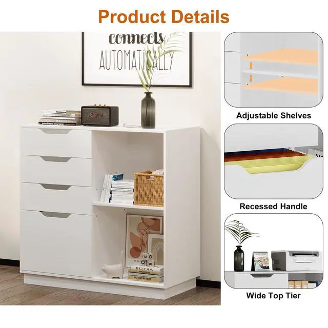 Alt view image 5 of 6 - 4 Drawer Filing Cabinet Organizer with 2 Open Shelves, Heavy Duty for Storing Letter A4 Size and Printer, Wood Lateral File Cabinets for Home Office, Hanging Files, White, Easy Assembly