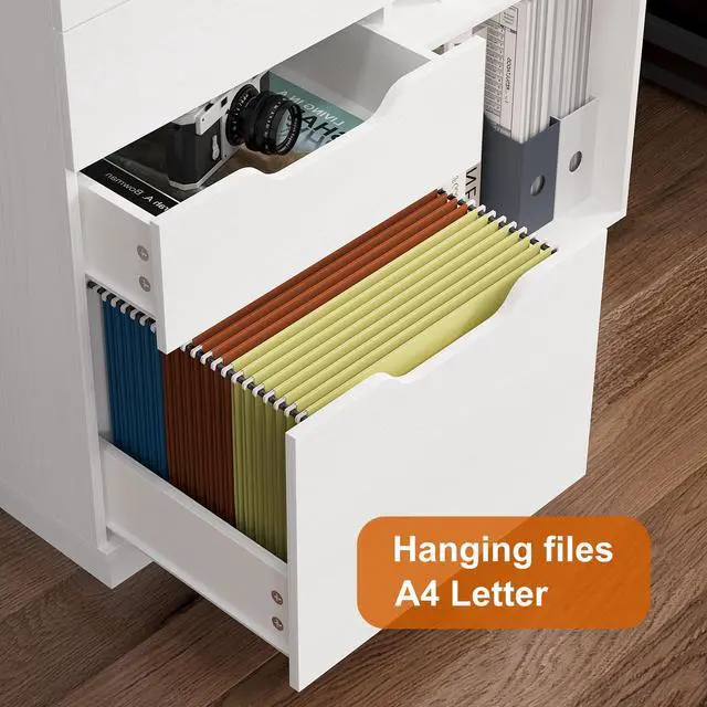 Alt view image 6 of 6 - 4 Drawer Filing Cabinet Organizer with 2 Open Shelves, Heavy Duty for Storing Letter A4 Size and Printer, Wood Lateral File Cabinets for Home Office, Hanging Files, White, Easy Assembly