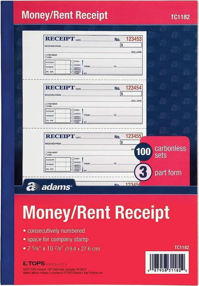 Main image of Money and Rent Receipt Book, 3-Part, Carbonless, White/Canary/Pink,7 5/8" x 10 7/8", 100 Sets per Book (TC1182) (12 Pack) (Two 6 Packs)
