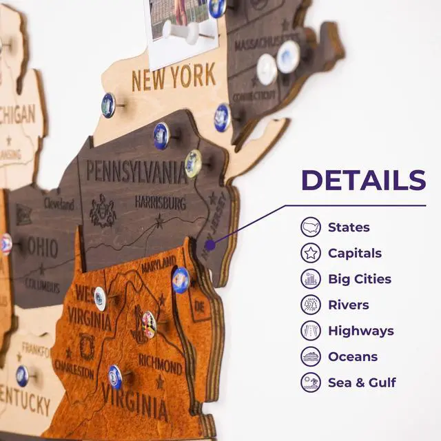 Alt view image 3 of 5 - 3D Wooden USA Map Wall Art with Push Pins, Gift for Men, Gift for Men, Office Wall Decor, Wood Wall Decor, Home Decor, White Elephant Gifts for Adults Useful, Teacher Christmas Gifts (Size XL