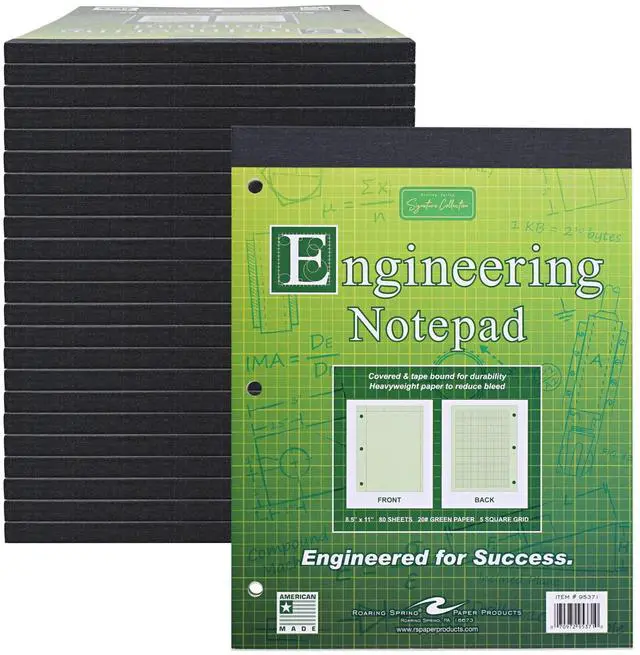 Main image of Graph Ruled Covered Engineering Pad, Engineering Graph Paper Pad, 24 Pack, 5x5 Enclosed Grid, 8.5" x 11", 80 Sheets, 3 Hole Punched, Green Tinted Sheets, Made in USA