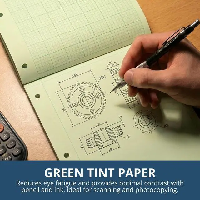 Alt view image 2 of 6 - Graph Ruled Covered Engineering Pad, Engineering Graph Paper Pad, 24 Pack, 5x5 Enclosed Grid, 8.5" x 11", 80 Sheets, 3 Hole Punched, Green Tinted Sheets, Made in USA