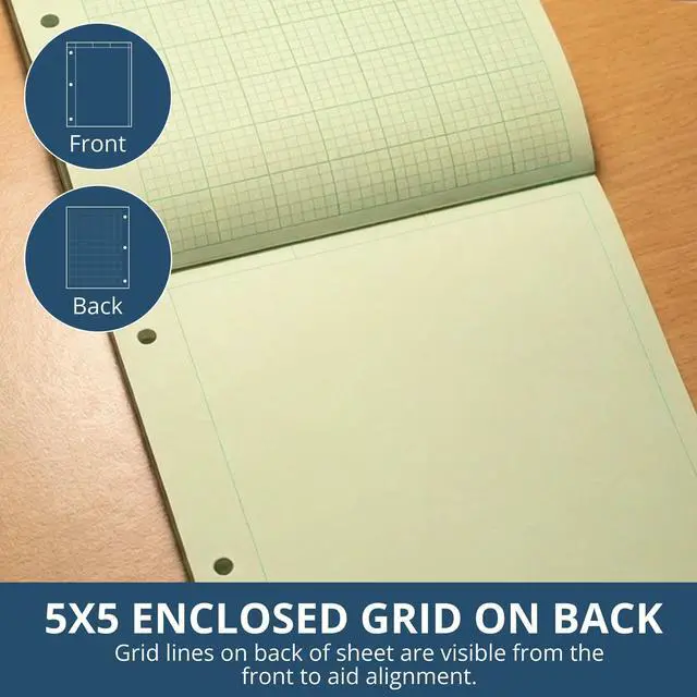 Alt view image 4 of 6 - Graph Ruled Covered Engineering Pad, Engineering Graph Paper Pad, 24 Pack, 5x5 Enclosed Grid, 8.5" x 11", 80 Sheets, 3 Hole Punched, Green Tinted Sheets, Made in USA