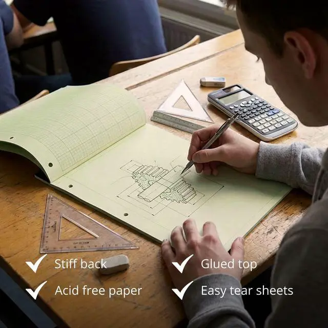 Alt view image 5 of 6 - Graph Ruled Covered Engineering Pad, Engineering Graph Paper Pad, 24 Pack, 5x5 Enclosed Grid, 8.5" x 11", 80 Sheets, 3 Hole Punched, Green Tinted Sheets, Made in USA