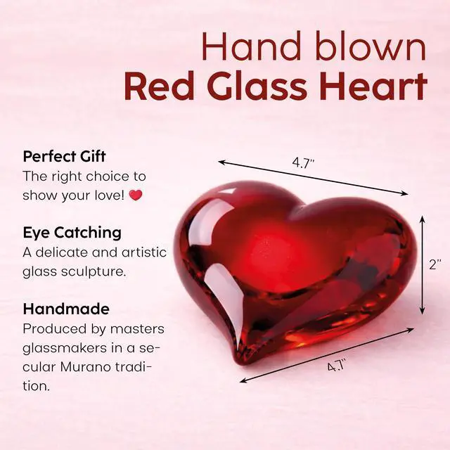 Alt view image 2 of 6 - Murano Style Art Glass Red Heart Paperweight Hand Blown - Keepsake/Offices | Hand Blown Glass Heart Ornament, Desk Display - A Keepsake for Décor and Gift for Christmas, Mother's Day, Valentine's Day