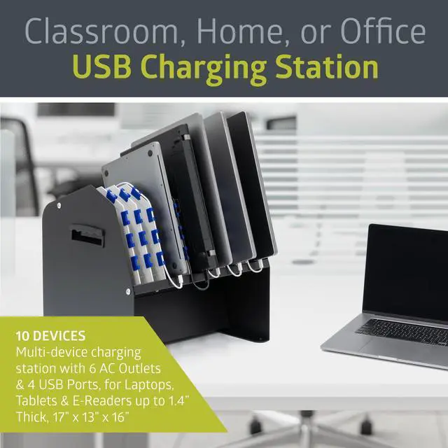 Alt view image 2 of 6 - 10-Device USB Laptop Charging Station for Classroom, Home, or Office, Includes 6 AC Outlets & 4 USB Ports, Store Laptops, Tablets & E-Readers up to 1.4" Thick, 17" x 13" x 16"
