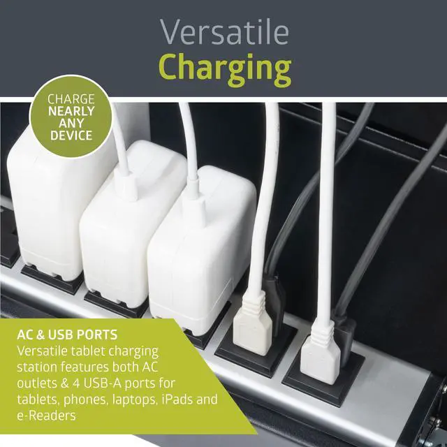 Alt view image 3 of 6 - 10-Device USB Laptop Charging Station for Classroom, Home, or Office, Includes 6 AC Outlets & 4 USB Ports, Store Laptops, Tablets & E-Readers up to 1.4" Thick, 17" x 13" x 16"