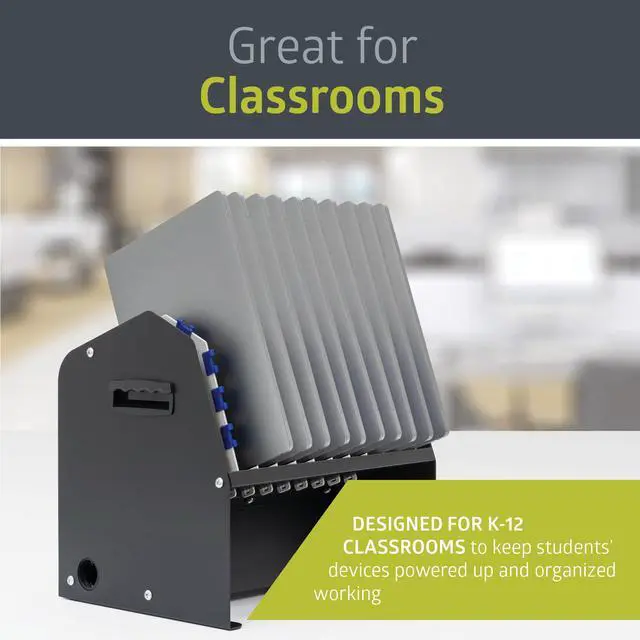 Alt view image 5 of 6 - 10-Device USB Laptop Charging Station for Classroom, Home, or Office, Includes 6 AC Outlets & 4 USB Ports, Store Laptops, Tablets & E-Readers up to 1.4" Thick, 17" x 13" x 16"