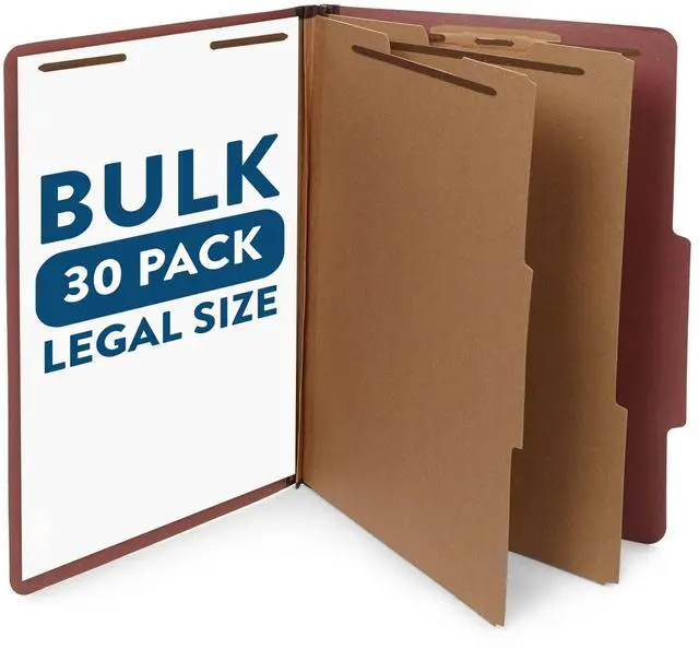 Main image of 30 Brick Red Classification Folders, 2 Divider, Legal | Heavy duty 25pt pressboard, 2 dividers, 6 partitions, 2 in expansion, 2 prong, legal charts, law client files