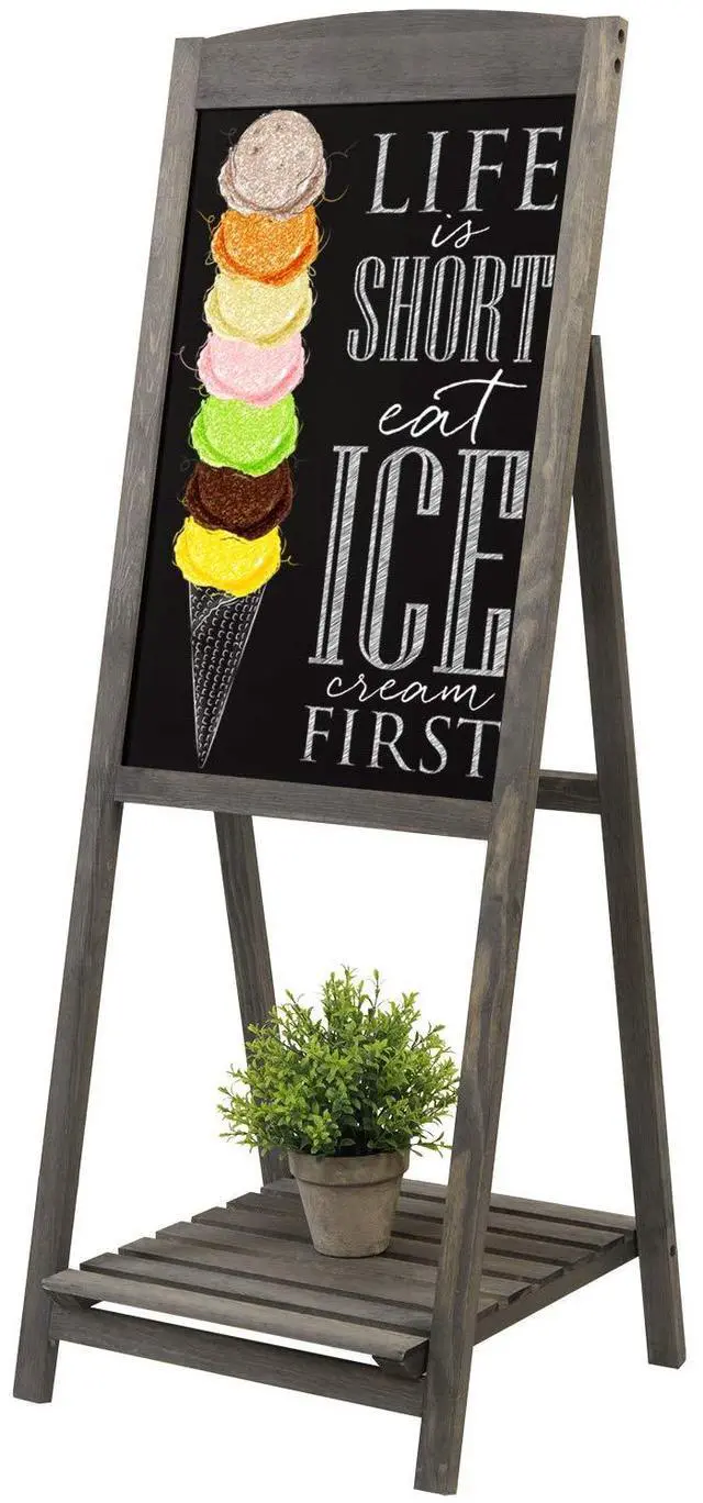 Main image of Vintage Gray Wood A-Frame Chalkboard Easel, 45" Freestanding Decorative Chalkboard Sign with Plant Shelf Stand