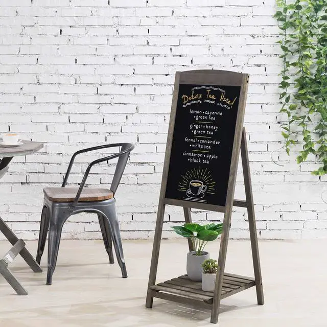 Alt view image 2 of 6 - Vintage Gray Wood A-Frame Chalkboard Easel, 45" Freestanding Decorative Chalkboard Sign with Plant Shelf Stand