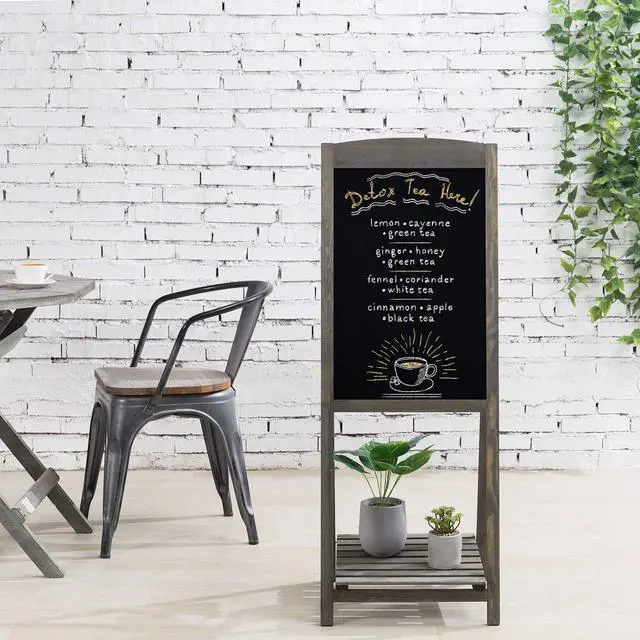 Alt view image 3 of 6 - Vintage Gray Wood A-Frame Chalkboard Easel, 45" Freestanding Decorative Chalkboard Sign with Plant Shelf Stand