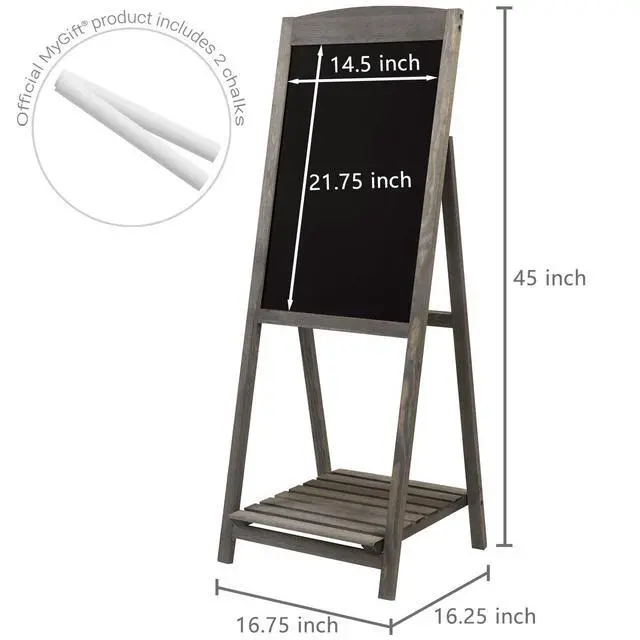 Alt view image 4 of 6 - Vintage Gray Wood A-Frame Chalkboard Easel, 45" Freestanding Decorative Chalkboard Sign with Plant Shelf Stand