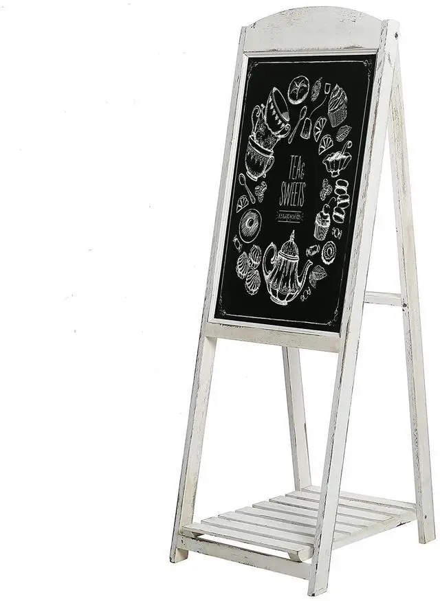 Main image of 45 Inch Tall Vintage White Weathered Paulownia Wood Sidewalk Chalkboard Sign with Plant Shelf Stand, Freestanding A-Frame Easel Erasable Message Board