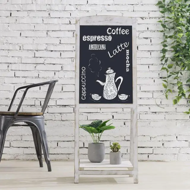 Alt view image 2 of 6 - 45 Inch Tall Vintage White Weathered Paulownia Wood Sidewalk Chalkboard Sign with Plant Shelf Stand, Freestanding A-Frame Easel Erasable Message Board