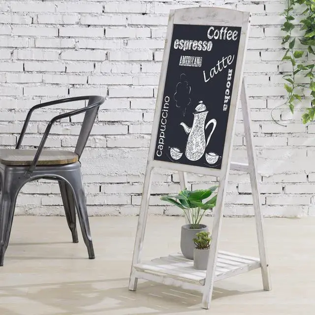 Alt view image 3 of 6 - 45 Inch Tall Vintage White Weathered Paulownia Wood Sidewalk Chalkboard Sign with Plant Shelf Stand, Freestanding A-Frame Easel Erasable Message Board
