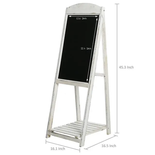Alt view image 4 of 6 - 45 Inch Tall Vintage White Weathered Paulownia Wood Sidewalk Chalkboard Sign with Plant Shelf Stand, Freestanding A-Frame Easel Erasable Message Board