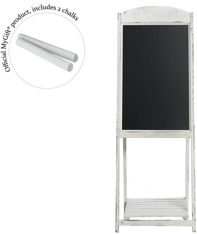 Alt view image 5 of 6 - 45 Inch Tall Vintage White Weathered Paulownia Wood Sidewalk Chalkboard Sign with Plant Shelf Stand, Freestanding A-Frame Easel Erasable Message Board