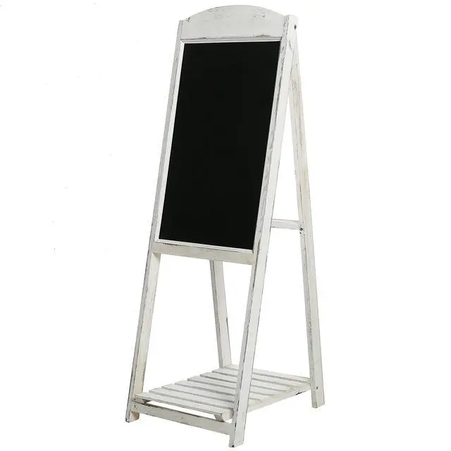 Alt view image 6 of 6 - 45 Inch Tall Vintage White Weathered Paulownia Wood Sidewalk Chalkboard Sign with Plant Shelf Stand, Freestanding A-Frame Easel Erasable Message Board